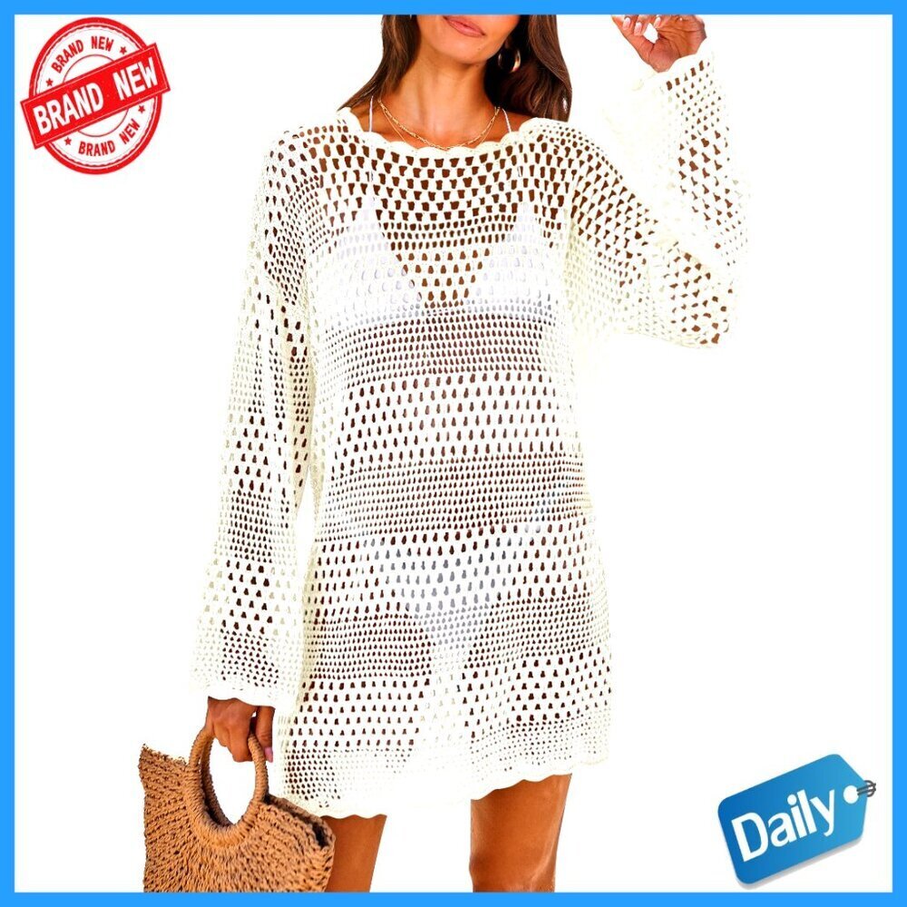 Crochet Mesh Beach Cover Up Dress Long Sleeve Mini Acrylic Swimsuit